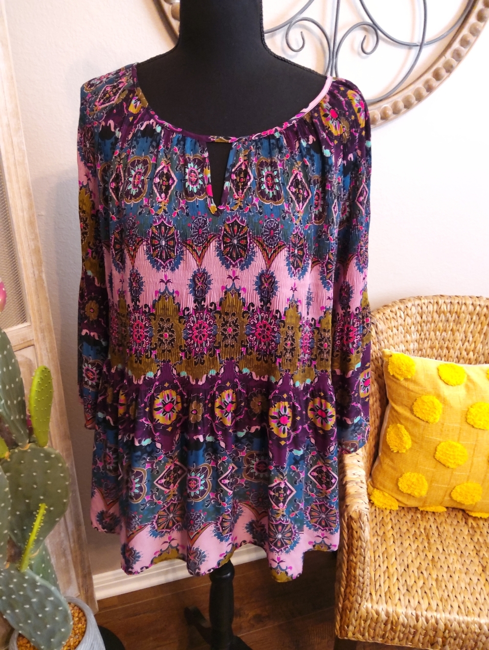 Sunny Leigh Boho Floral Print Long-Sleeve Peasant Top — Pink Multicolor